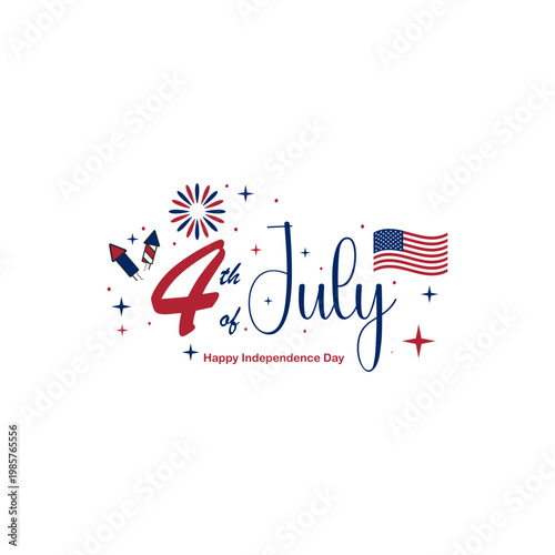 Happy 4th of July greeting with American flag and fireworks illustration. USA Independence Day