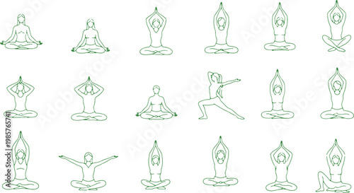 Classic yoga poses illustrated in a simple line drawing format for beginners and practitioners