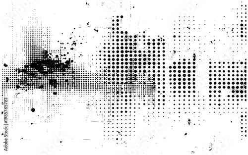 Distressed ink blot background with retro halftone pattern. Dirty halftone screen overlay for aged newspaper or comic effect