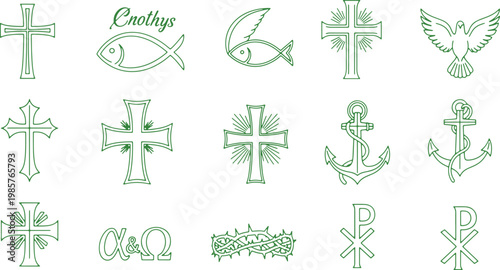 Historical and religious symbols featuring crosses, ichthys, and maritime motifs