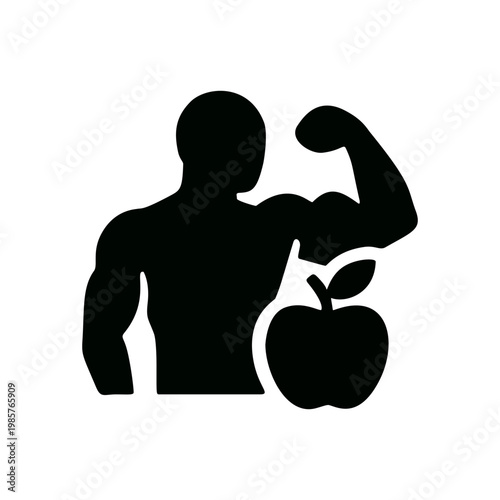 Simple Silhouette Man with Biceps and Apple Fruit Body Building Icon