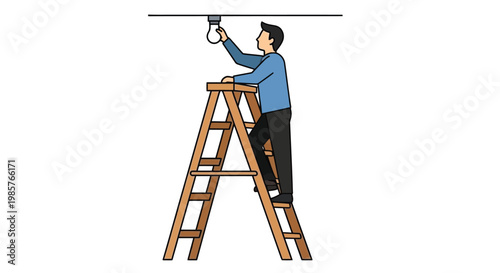 Man on a ladder changing a lightbulb in a simple illustrated style
