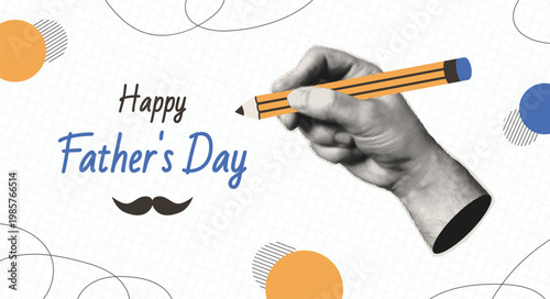 Collage hand writing Happy Father's Day greeting. Mustaches elements and halftone sticker. Vector contemporary illustration for banner web print. Family holiday design for dad.