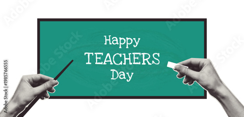 World Teacher's day celebration trendy halftone collage. Holiday vintage background. Dotted textured hand holds pointer and writes congratulation message with chalk on blackboard. Mixed media vector.