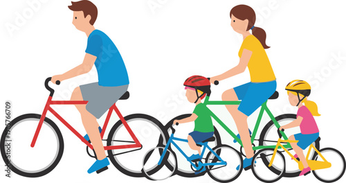 An active family with father, mother, son, and daughter, happily rides their bicycles together, enjoying outdoor fun.