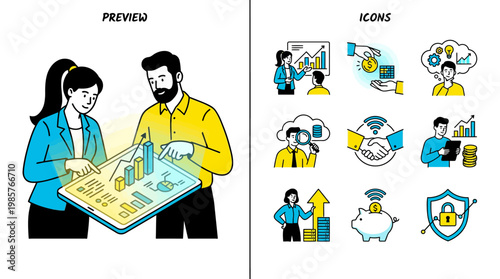 People vector illustrations in various activities of business, finance, data analysis, graphic and web design, financial growth, investment strategy.
