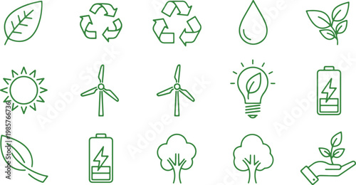 Illustrations of various icons representing sustainability and renewable energy sources