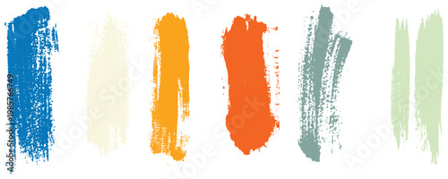 Artistic paint texture kit with colorful vertical brush strokes. Set of multi colored artistic paint brush stains and blots