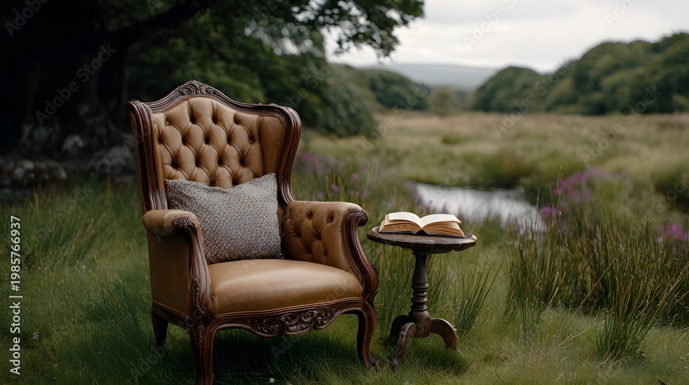 Fototapeta premium An elegant reading nook featuring a plush armchair and open book set amidst a tranquil lush natural meadow landscape