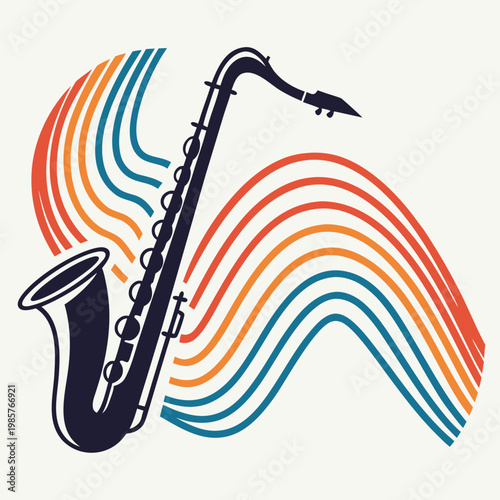 Classic saxophone with flowing colorful abstract lines.