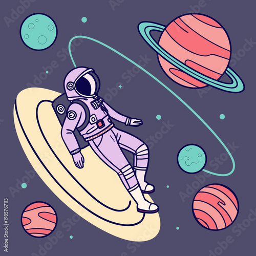 Obraz na plátně Astronaut enjoying weightless travel among colorful planets.