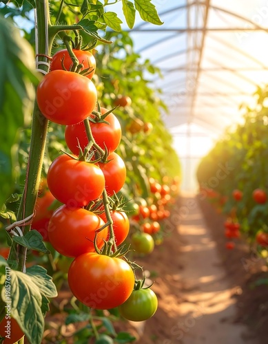 Lush tomatoes ripen in a sunlit greenhouse