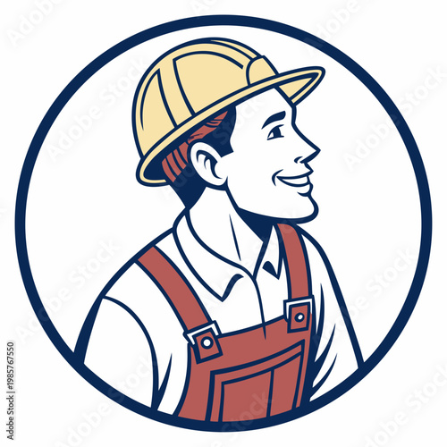 Smiling construction worker in hard hat looking up.
