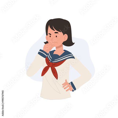 student girl thinking confused face hand on chin cartoon illustration doubt uncertainty decision making concept