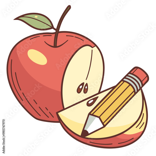 Red apple with slice and pencil for school lessons.