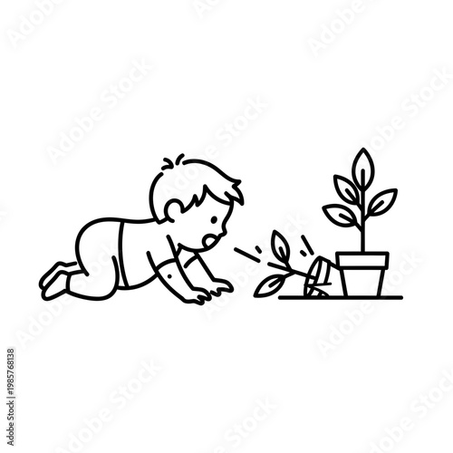Baby Crawling Towards Knocked Over Plant Vector Illustration