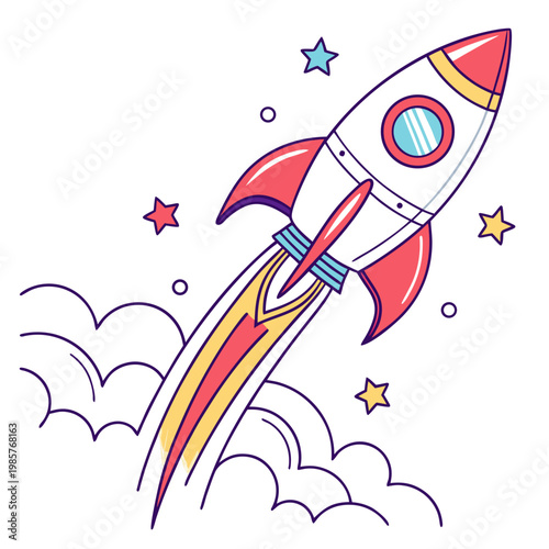 Stylized rocket blasting off into starry sky.