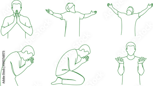 Illustrations of various prayer and meditation poses by a single individual