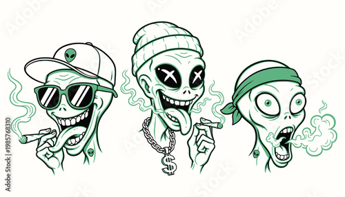 Urban alien cartoon characters wearing streetwear fashion and accessories in a vector style