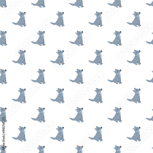 Gray cartoon wolf puppy sitting and howling forming a seamless pattern background
