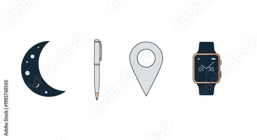 Set of modern flat icons including moon pen location pin and smartwatch