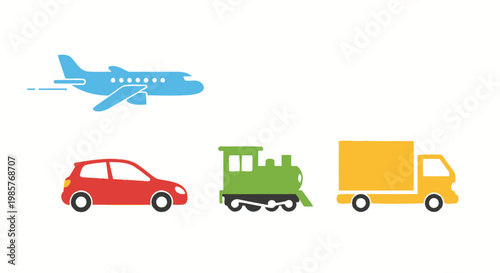 Set of colorful flat vector icons representing different modes of transportation