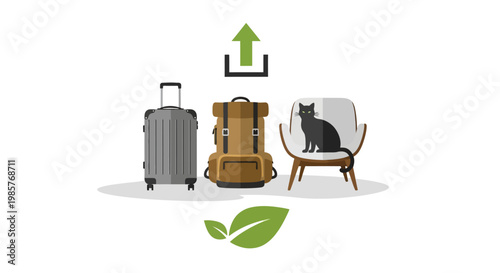 Travel preparation with luggage, cat and eco symbol.