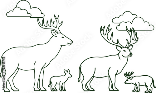 Two pairs of deer with their young standing under clouds in a natural setting