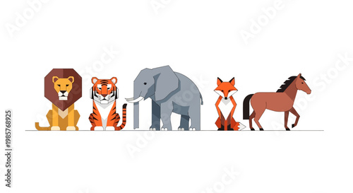Cartoon animals in a row standing.