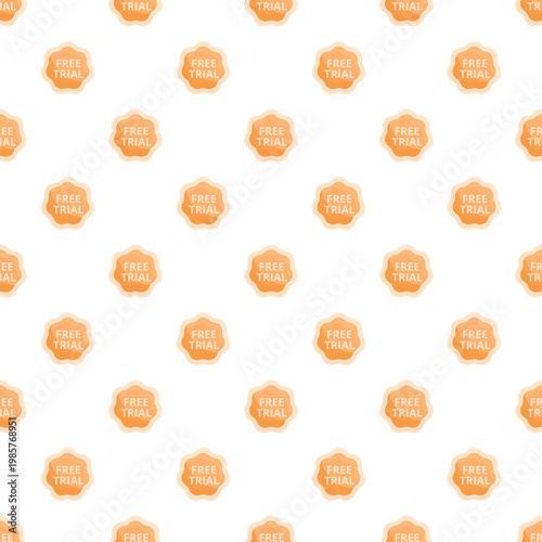 Repeating pattern of orange free trial starburst labels on a white background