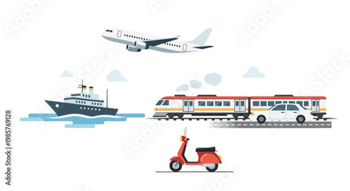 Illustration of various modes of transportation for travel and commuting.