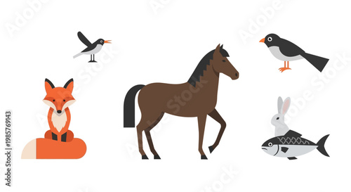 Collection of flat vector animal icons including a fox, horse, birds, rabbit, and fish