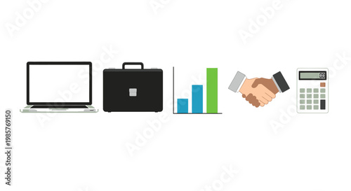 Collection of business icons including laptop briefcase bar chart handshake and calculator on white
