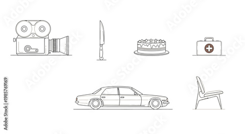 Collection of retro objects: camera, knife, cake, first aid kit, car, chair.