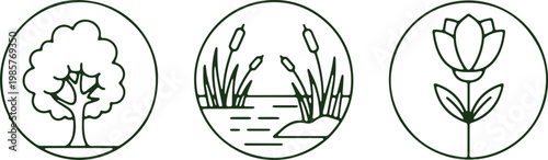 Three symbolic illustrations of nature's fundamental elements in circular frames