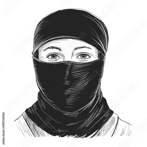 Hand drawn vector illustration of a woman wearing a black hijab niqab, traditional Islamic clothing