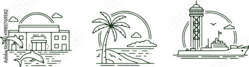 Iconic landmarks and tropical scenes under rainbow arcs