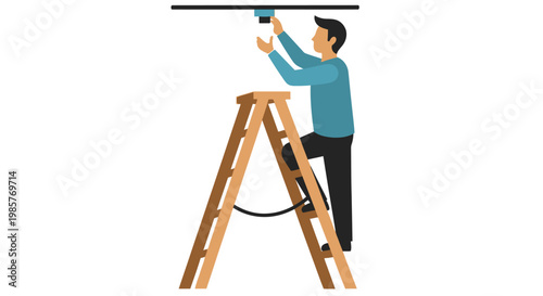 Man on a ladder installing a light fixture on the ceiling