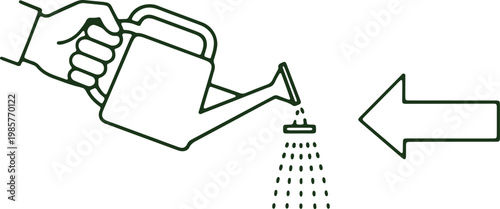 A person using a watering can to irrigate plants with water droplets shown