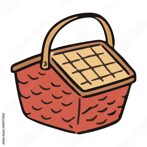 Hand-Drawn Illustration of a Red Wicker Picnic Basket with Lid