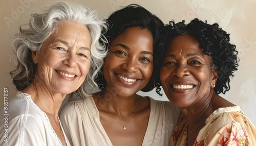Three smiling women with diverse skin tones and hairstyles