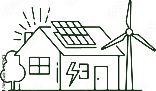 Sustainable home powered by renewable energy sources like solar panels and wind turbines