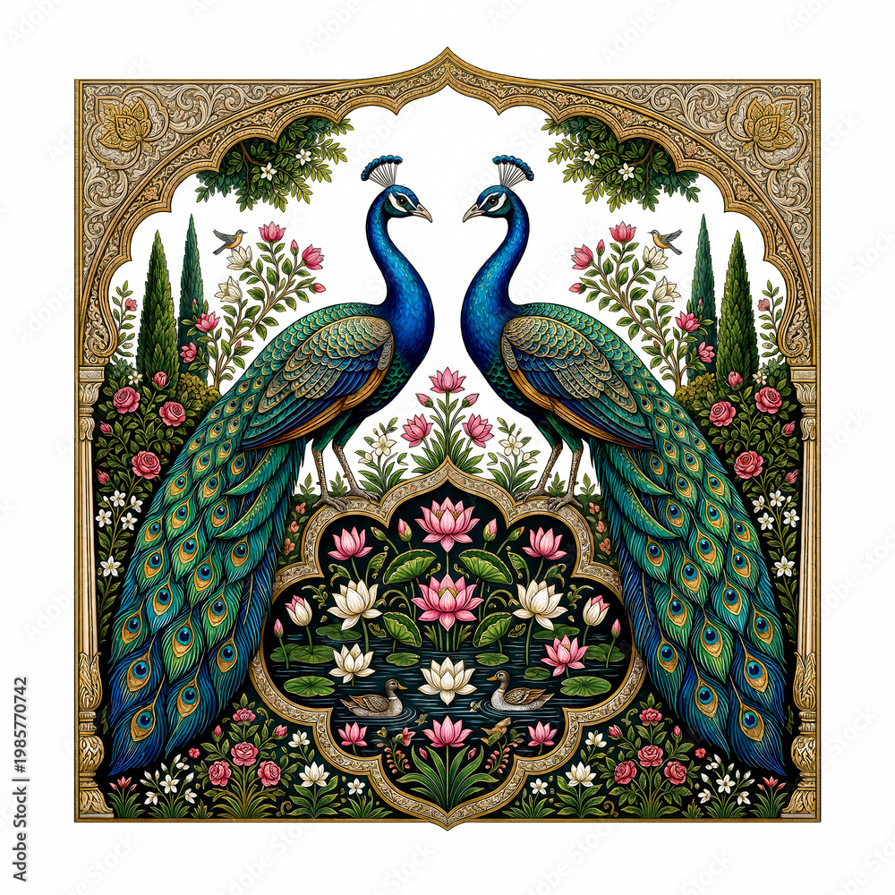 Obraz premium An ornate symmetrical artwork depicts two vibrant peacocks standing proudly within a detailed arched floral and garden scene high quality professional