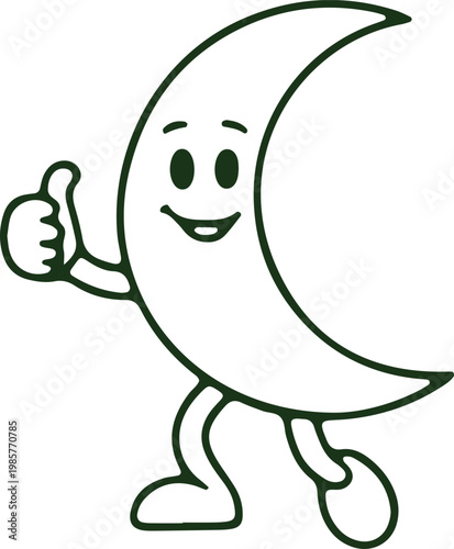 A cheerful anthropomorphic crescent moon giving a thumbs-up gesture with legs