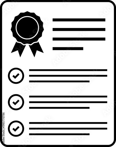 Certificate icon set. Documents and analyst checklists, check mark tick. Management, strategic planning. Vector illustration.