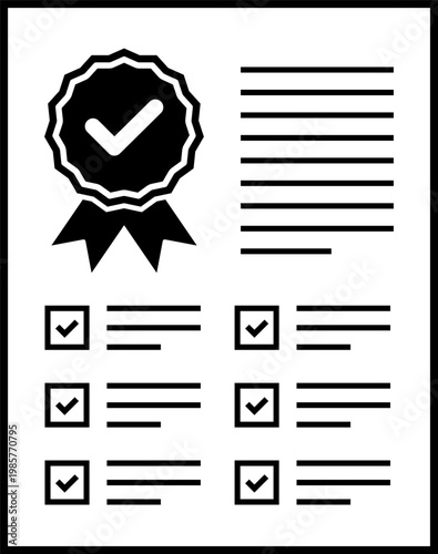 Certificate icon set. Documents and analyst checklists, check mark tick. Management, strategic planning. Vector illustration.