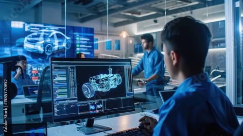 Technology Engineer Working on Car Design in Modern Laboratory with Digital Screens