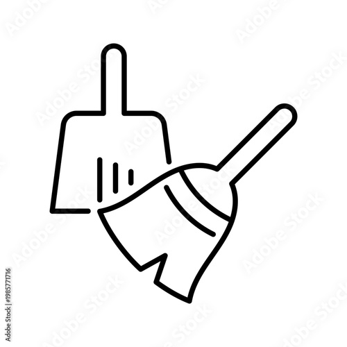 Broom dustpan icon. Household and cleaning tools line symbol. Black and white.