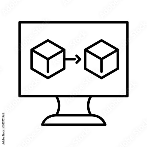 Computer model transfer icon. Technology and 3d modeling line symbol. Black and white.