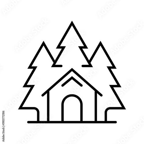 Forest cabin icon. Travel and camping line symbol. Black and white.